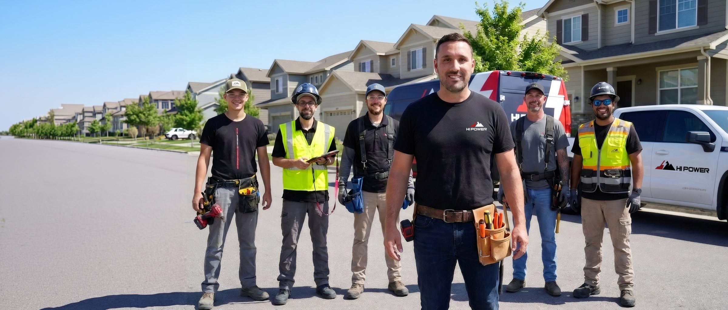 Six Hi Power Electric electricians standing together on a Douglas County residential street in front of their company van and pickup