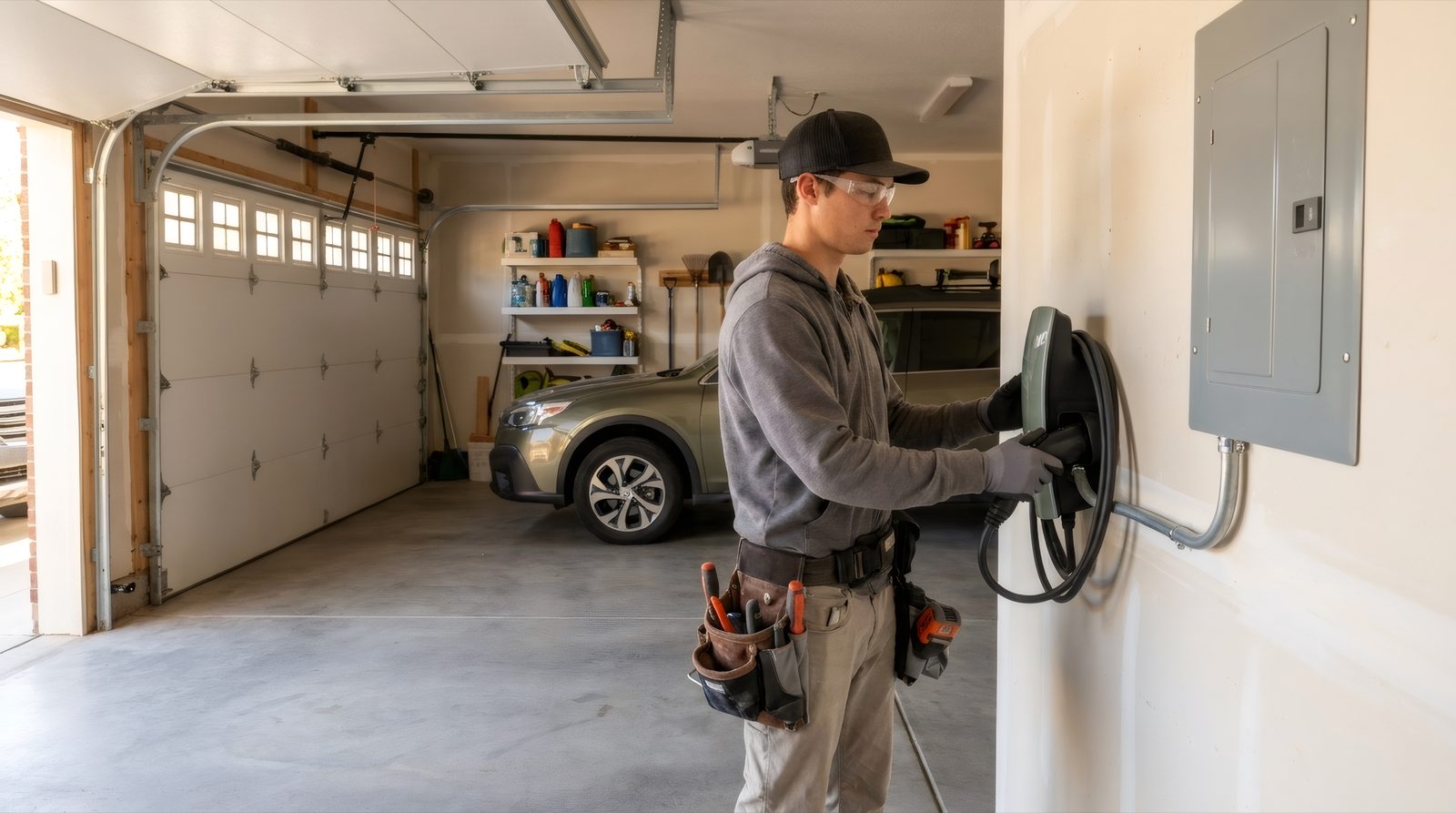 A Hi Power electrician holding the connector of a wall-mounted Level 2 home charger in a garage