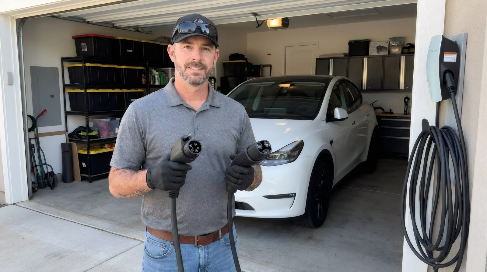 A Hi Power electrician holding two different EV charging connectors side by side in a home garage