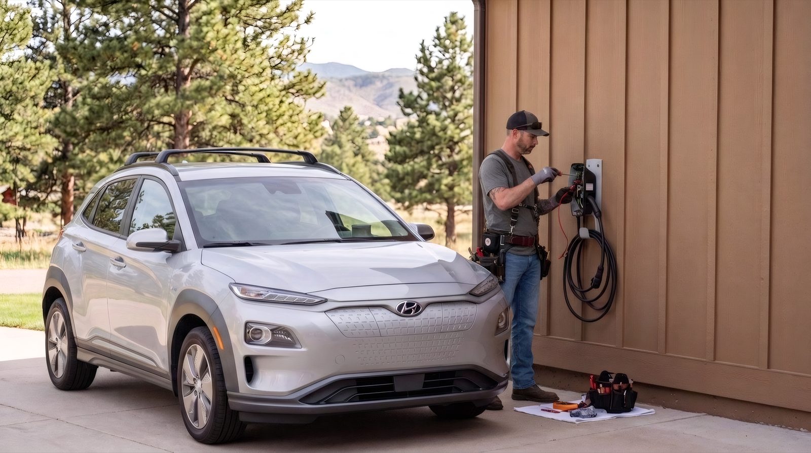 A Hi Power electrician mounting a weatherproof EV charger on an exterior wall beside a driveway