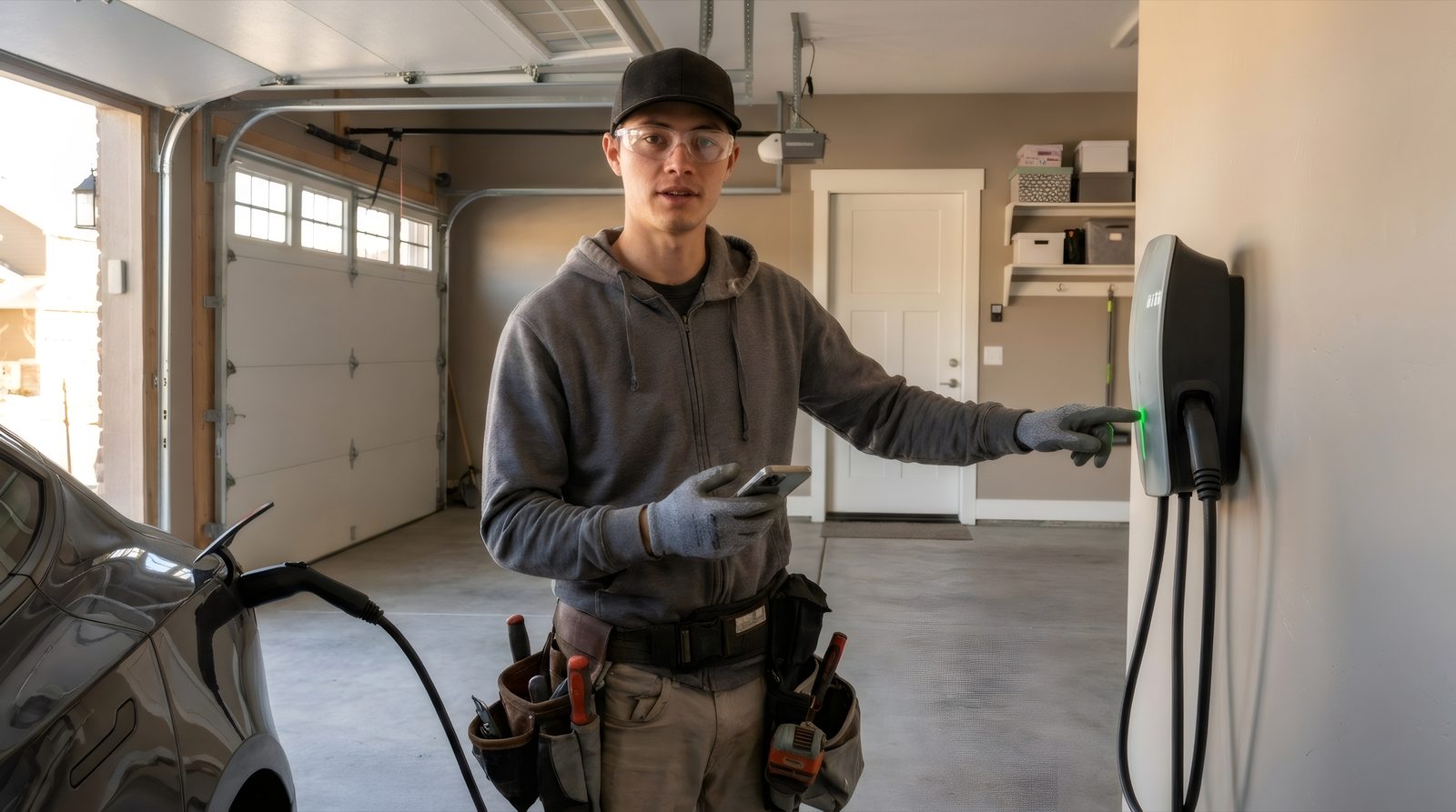 A Hi Power electrician beside a charging EV, holding a phone and pointing to the charger's status light