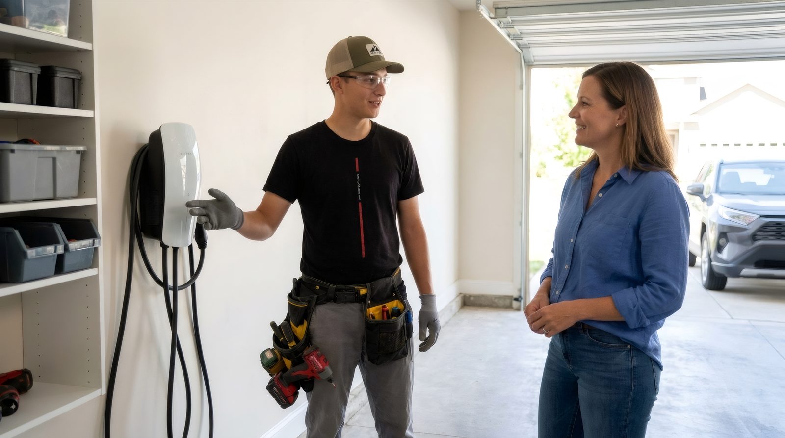 A Hi Power electrician reviewing EV charging options with a homeowner in her garage
