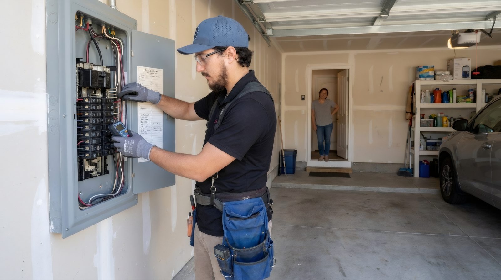 A Hi Power electrician testing an open electrical panel to check capacity for a new circuit