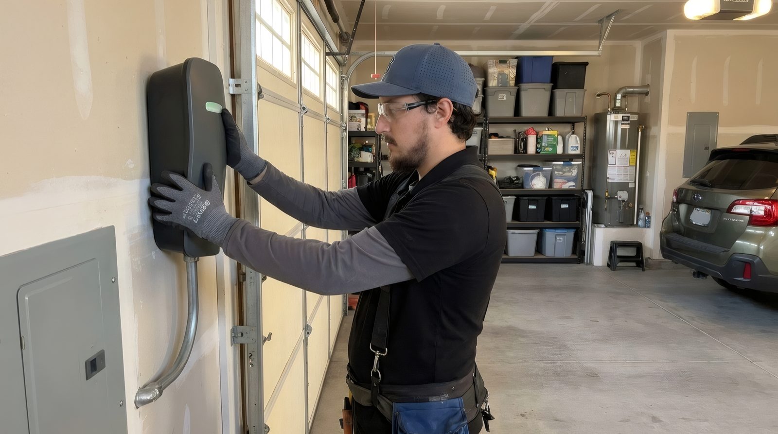 A Hi Power electrician mounting a Level 2 EV charger in a home garage