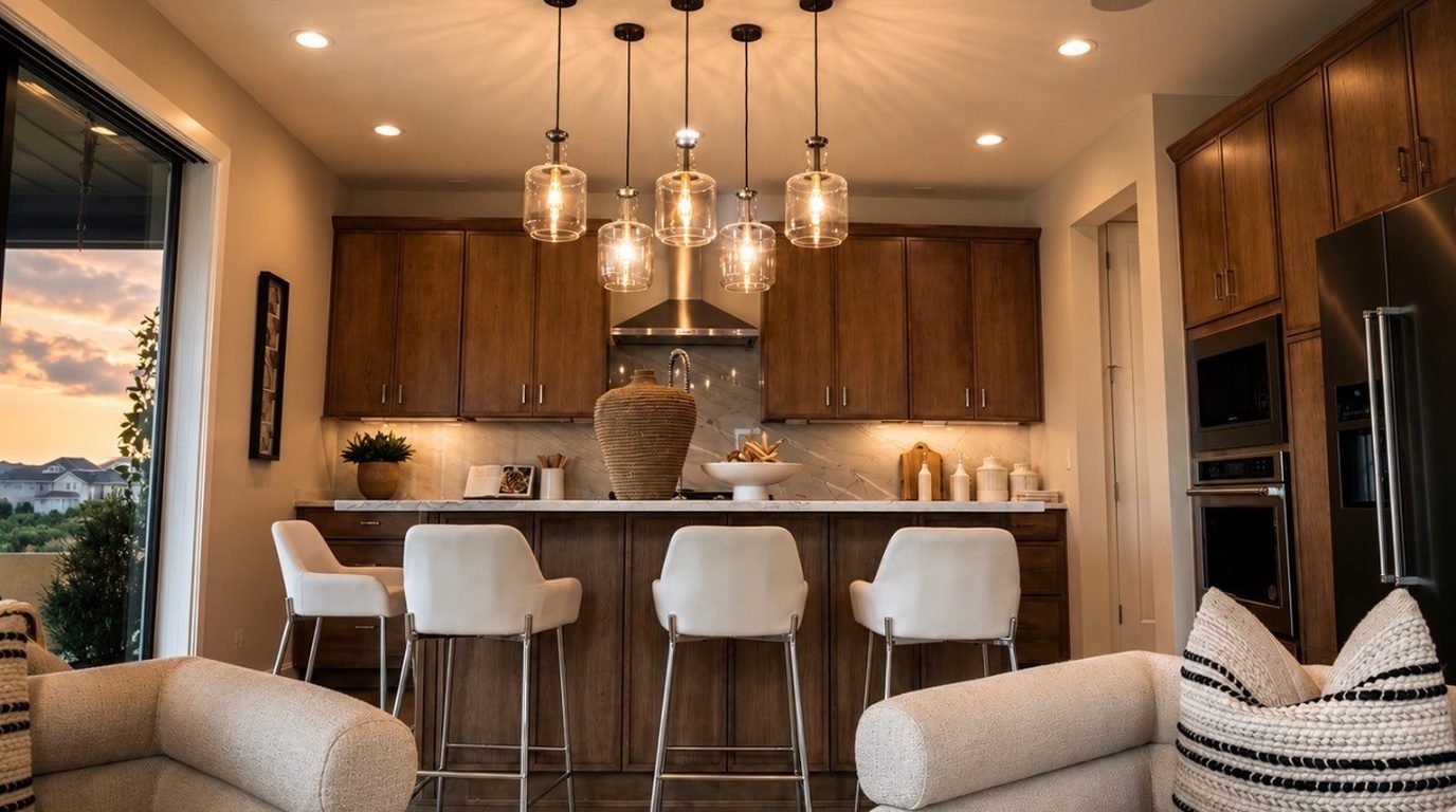 Warm layered lighting in a Colorado model-home kitchen at dusk
