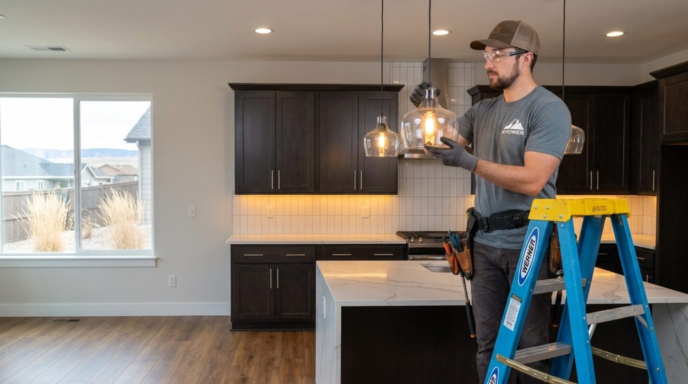 A Hi Power electrician on a step ladder fitting glass pendant lights over a kitchen island