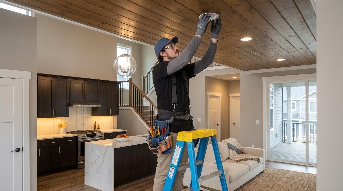 A Hi Power electrician installing a flush recessed LED downlight into a ceiling