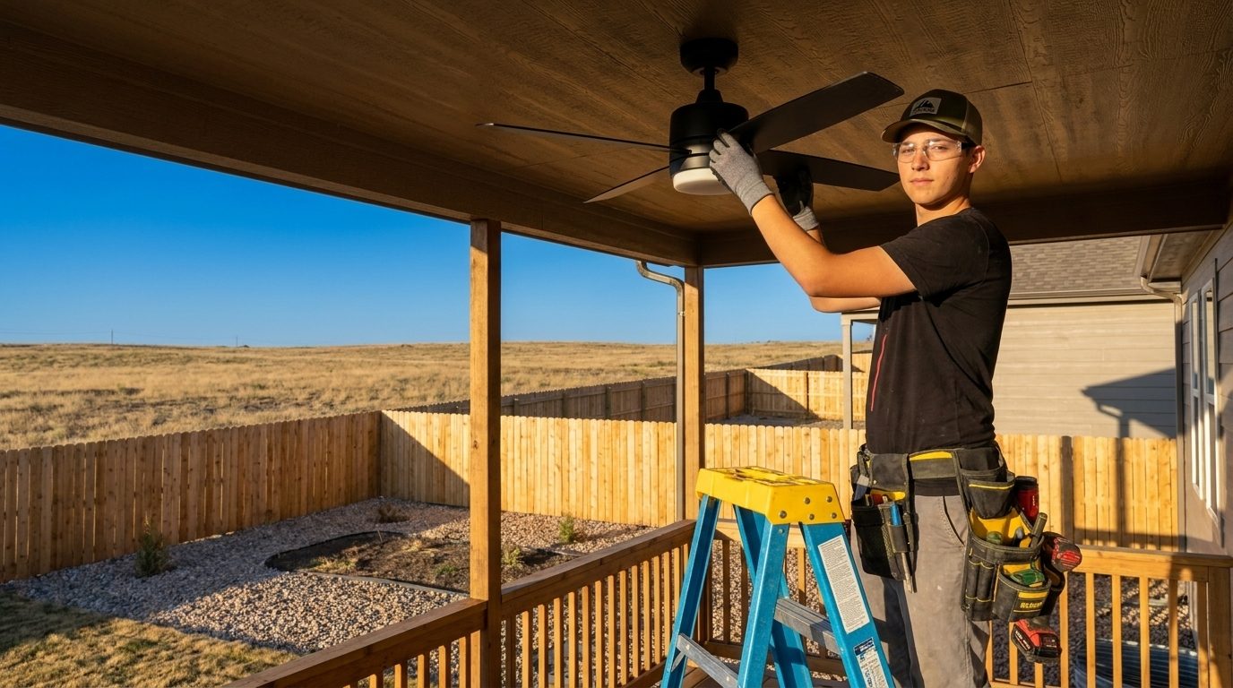 A Hi Power electrician finishing a modern ceiling fan installation on a covered Front Range patio