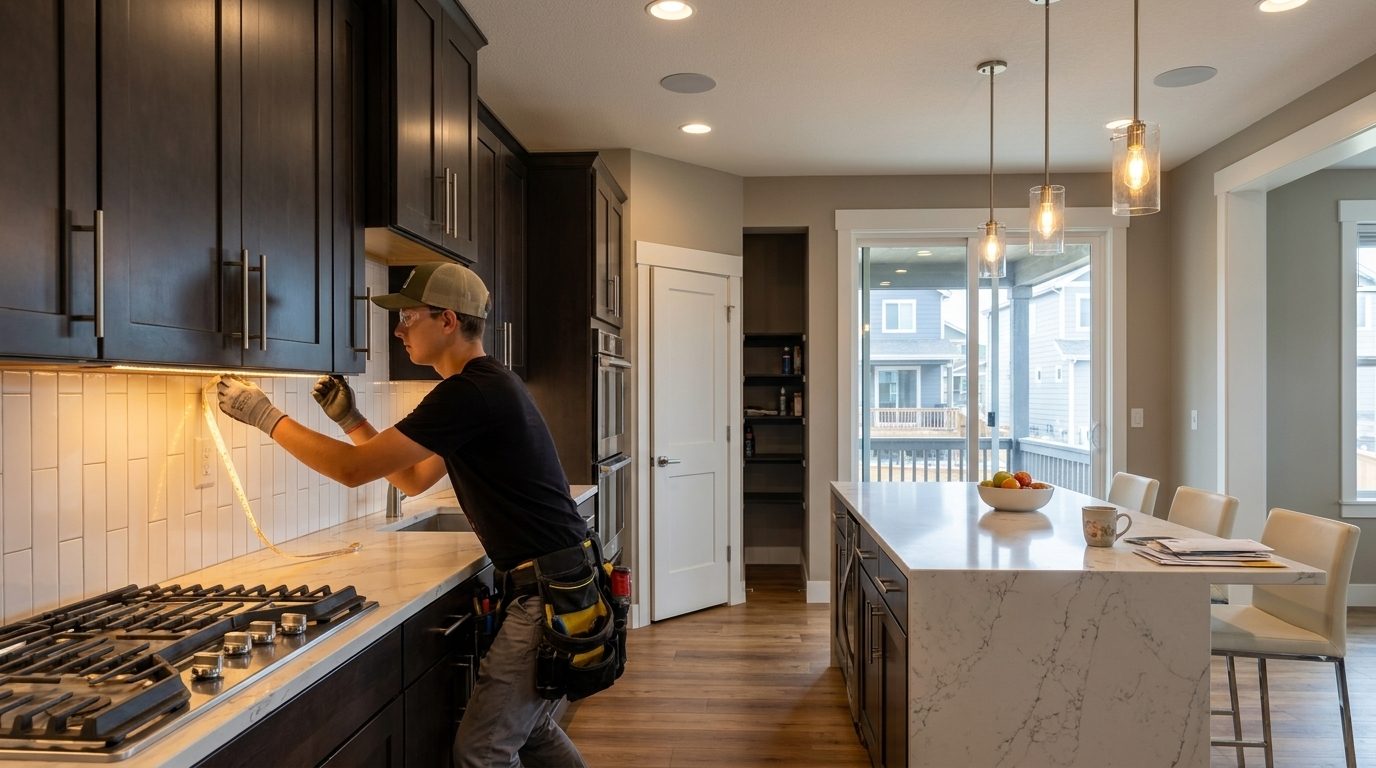A Hi Power electrician installing warm LED under-cabinet lighting in a modern kitchen