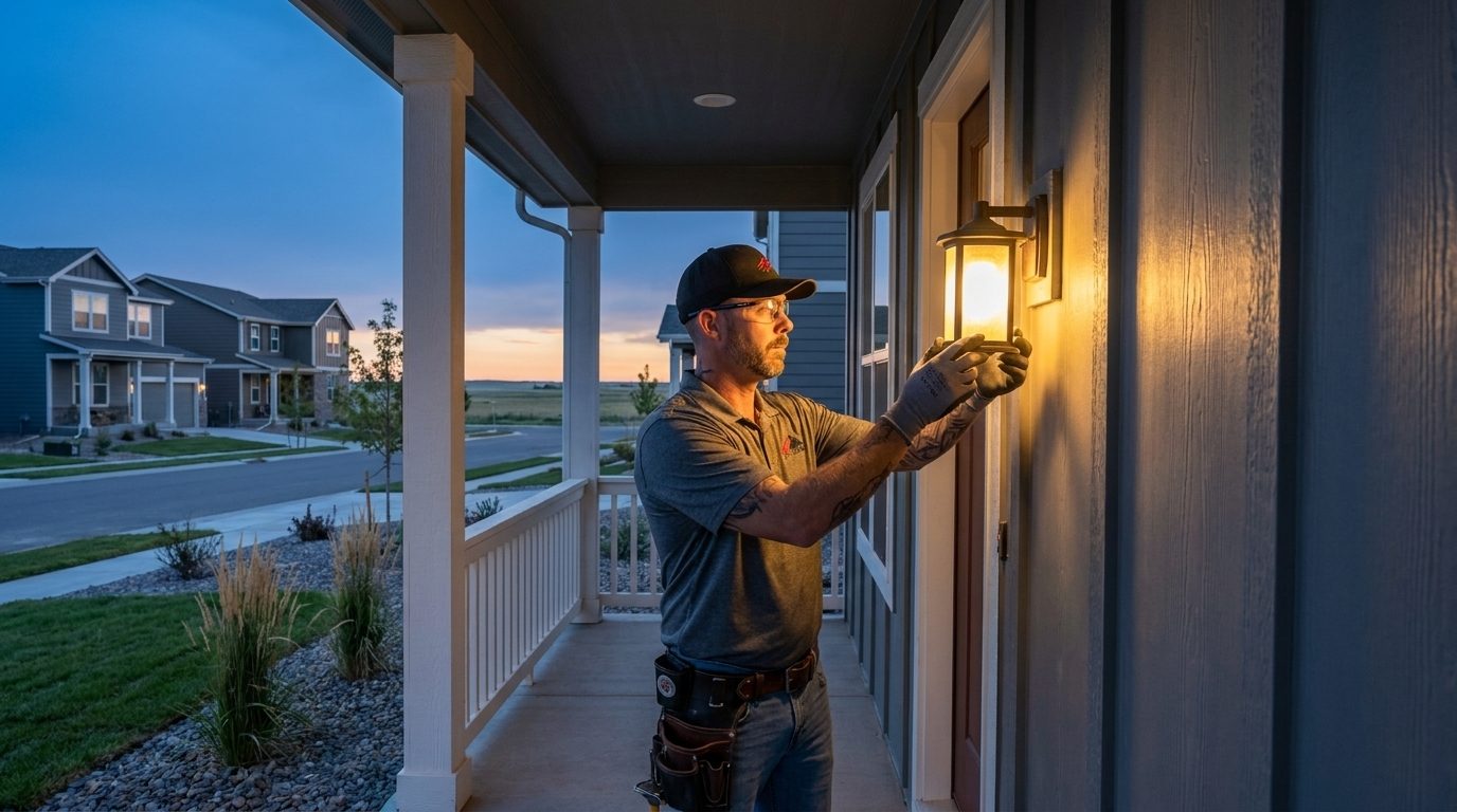 A Hi Power electrician installing a weatherproof wall sconce by a front door at dusk