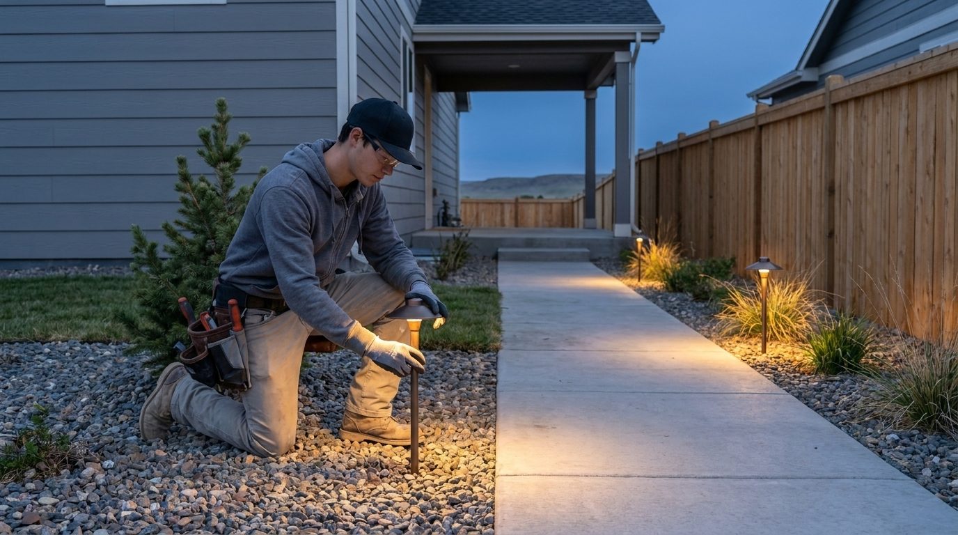 A Hi Power electrician installing a low-voltage landscape path light at dusk