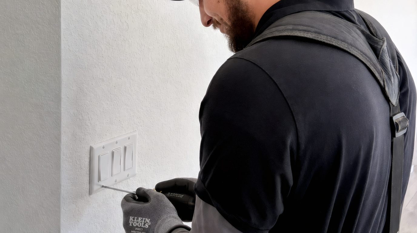 A Hi Power electrician fitting a switch plate in a finished Colorado home