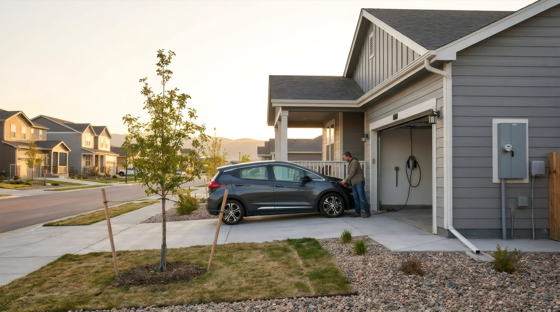 A homeowner plugging in an EV at a home charger in a Douglas County driveway