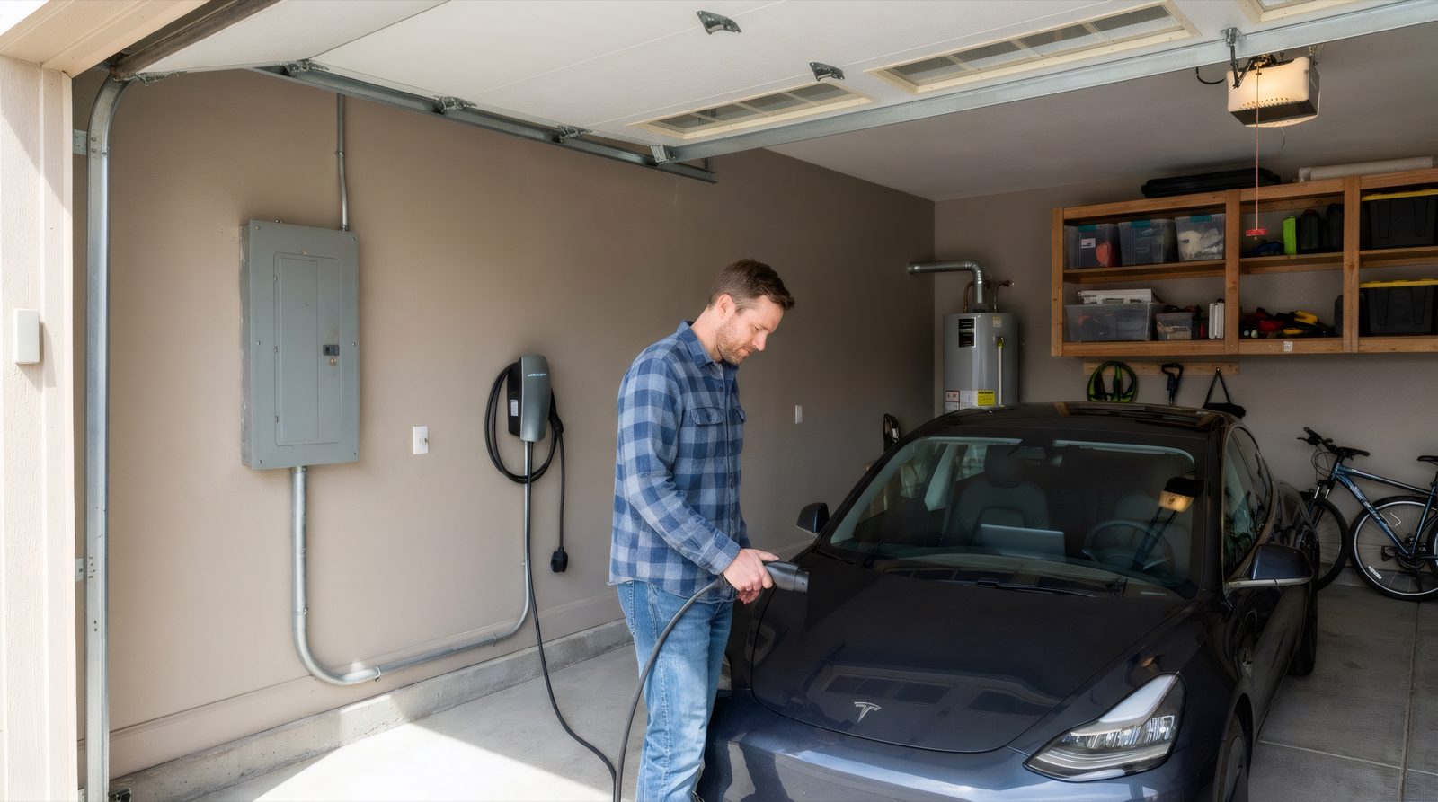 A homeowner plugging his EV into a wall charger in his garage