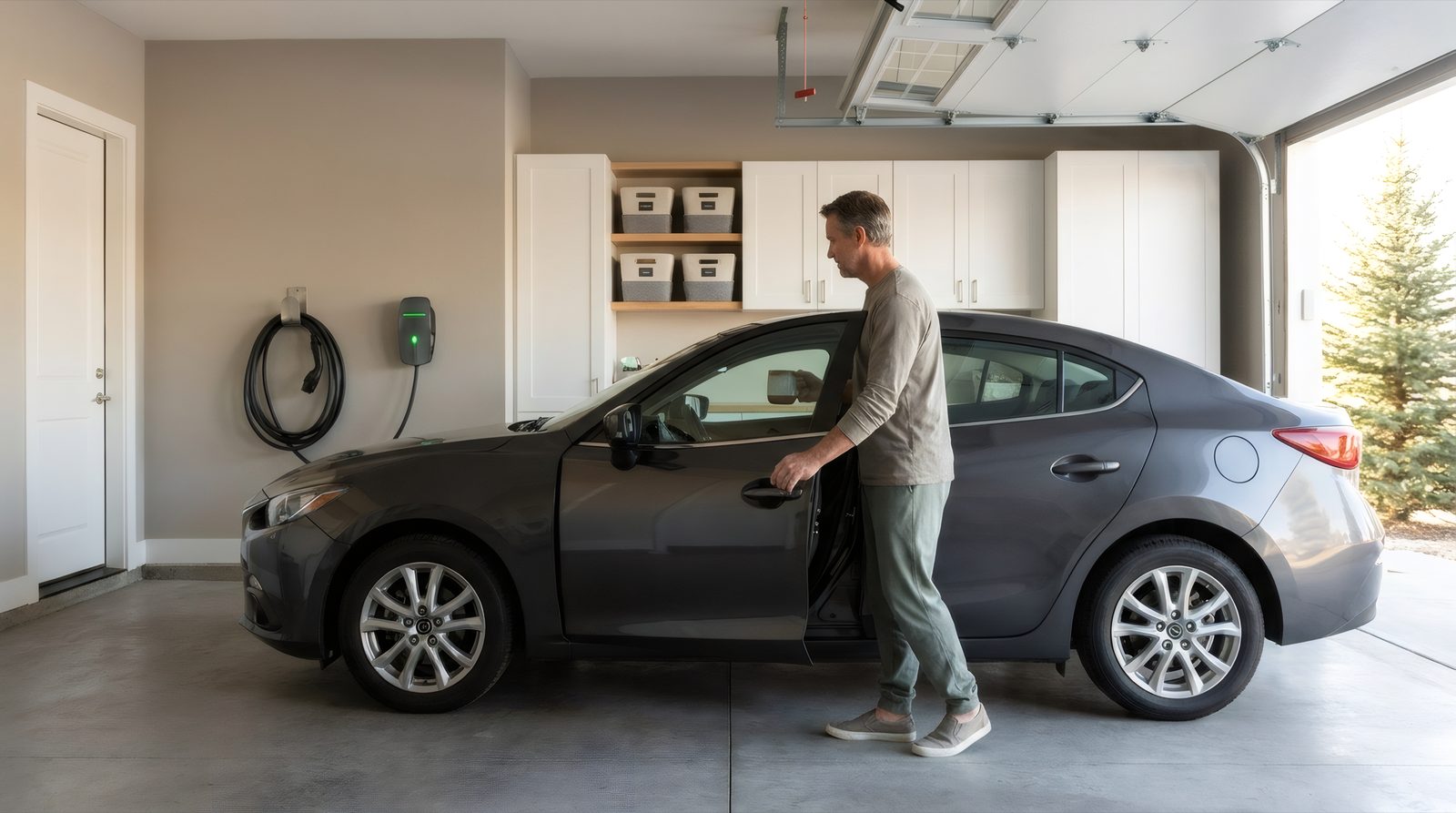 A homeowner with a coffee opening his car door in the garage, the charging cable already coiled on its wall hook