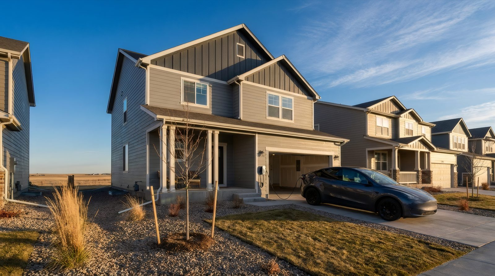 A Douglas County home with an EV plugged into a wall charger in the driveway