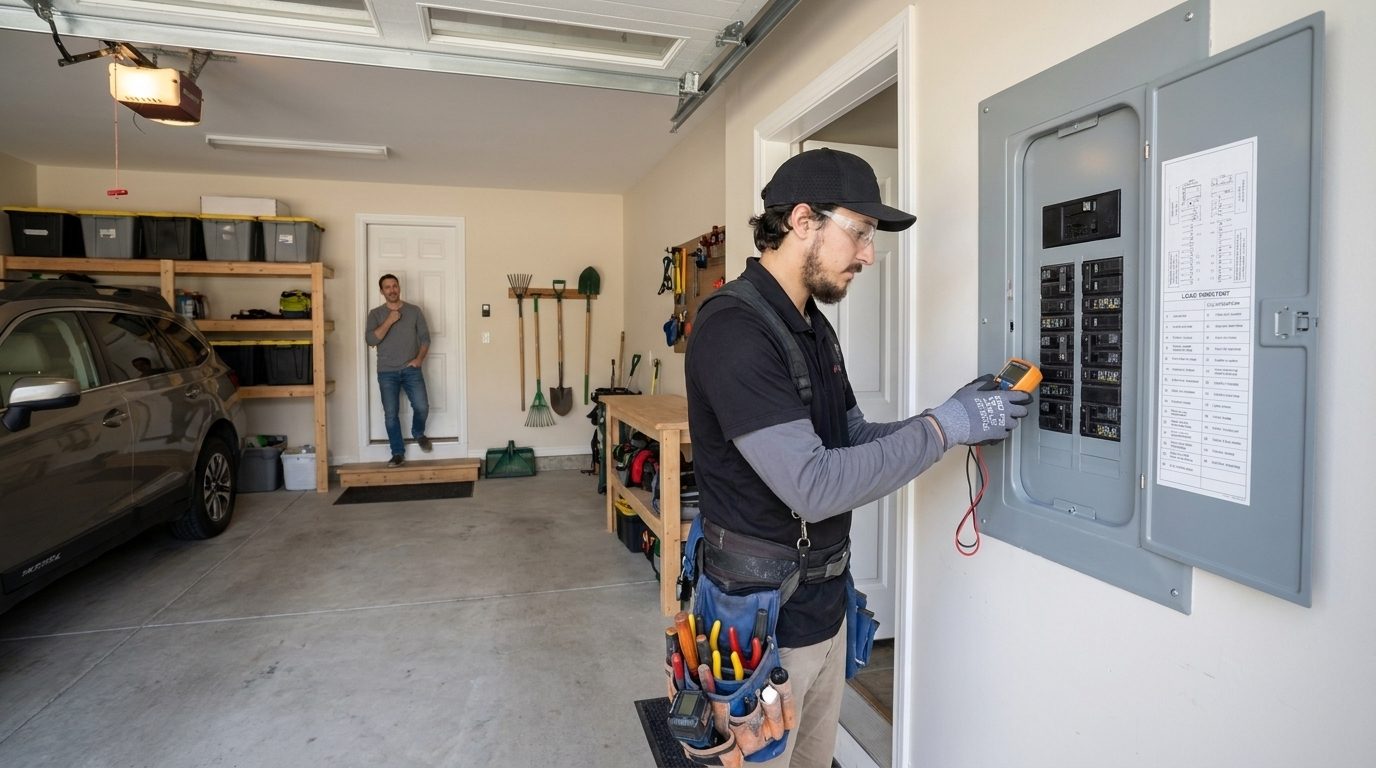 A Hi Power electrician checking an open electrical panel in a homeowner's garage