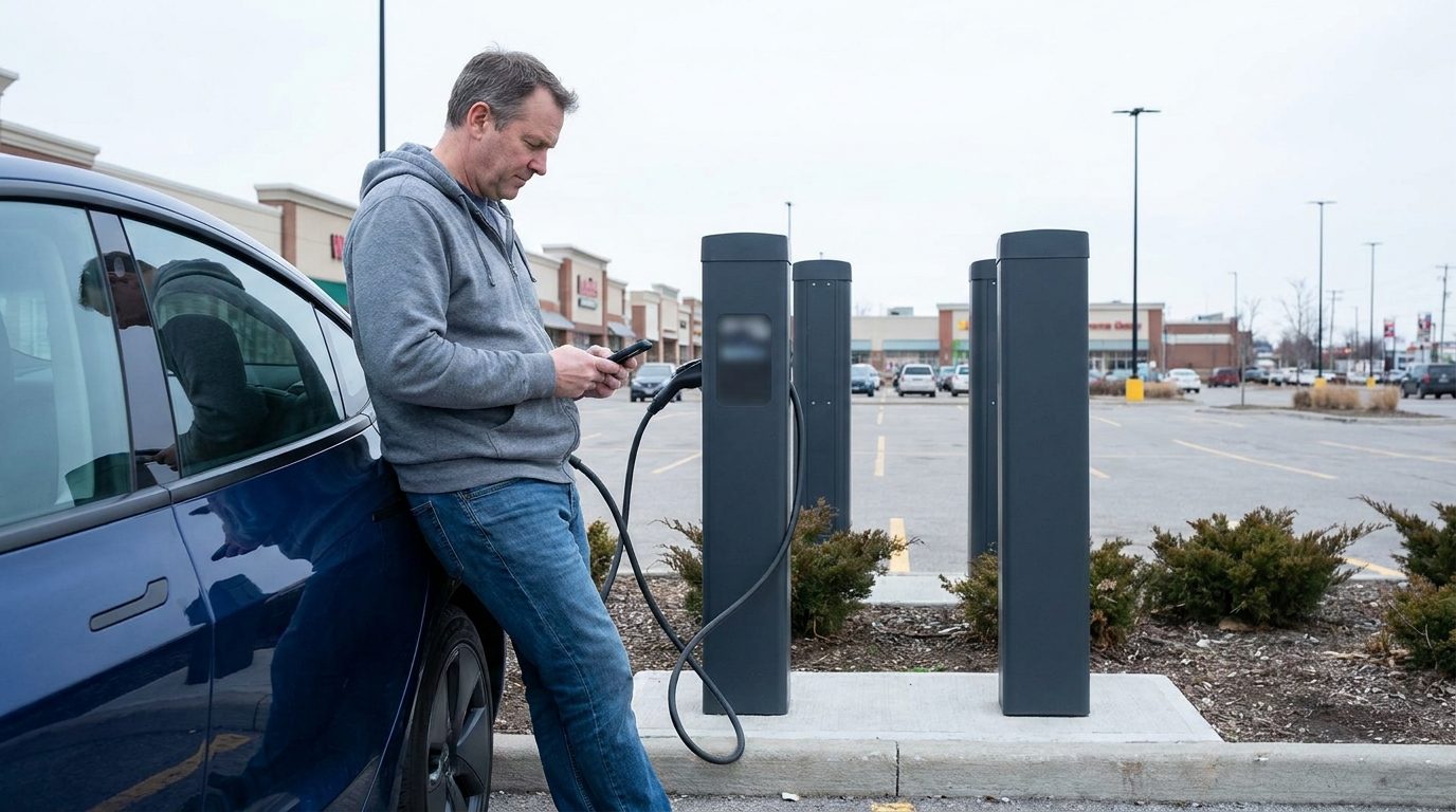 A driver checking his phone while his EV charges at a public station in a Front Range shopping-centre parking lot