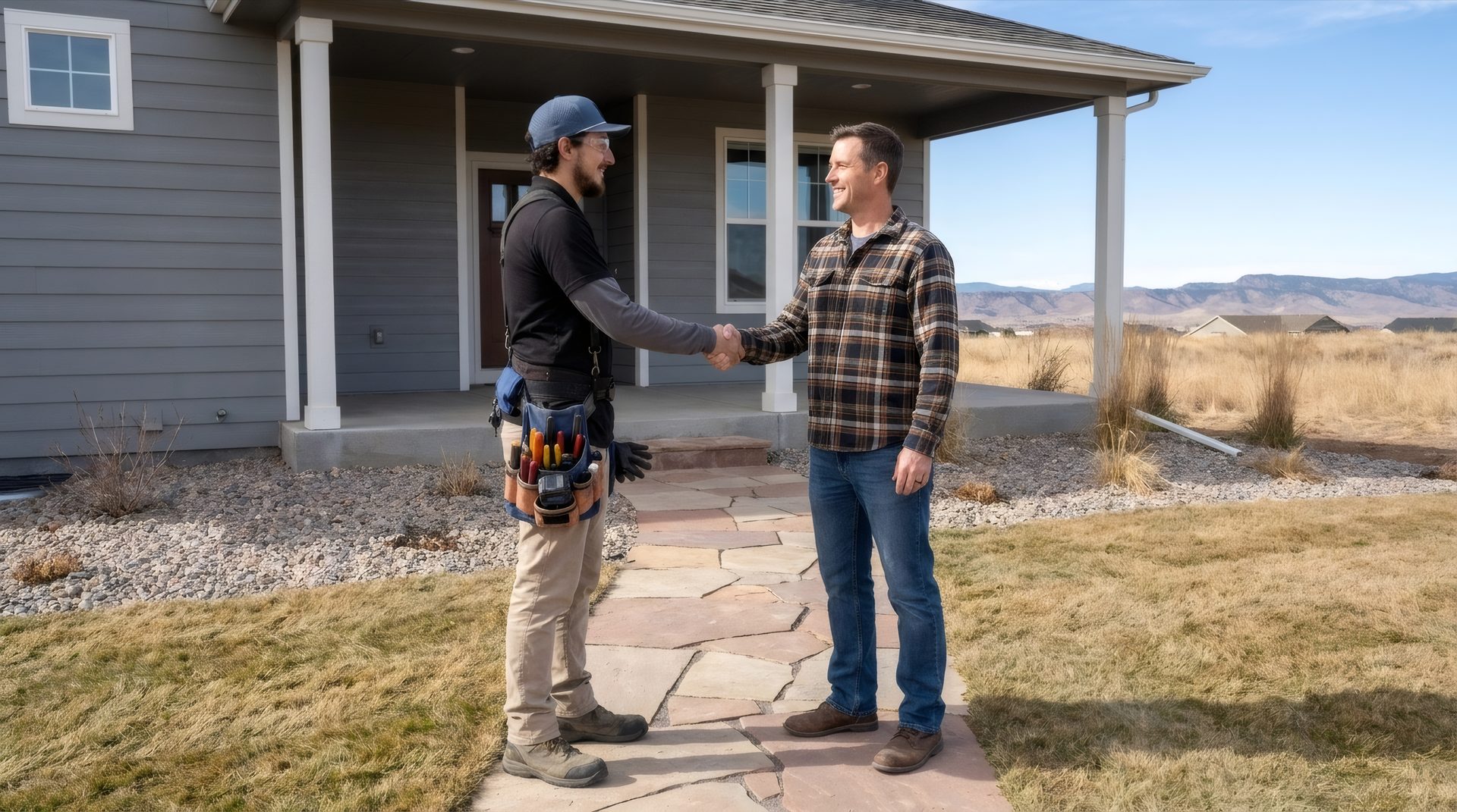 Hi Power electrician shaking hands with a homeowner on the porch of a Colorado home