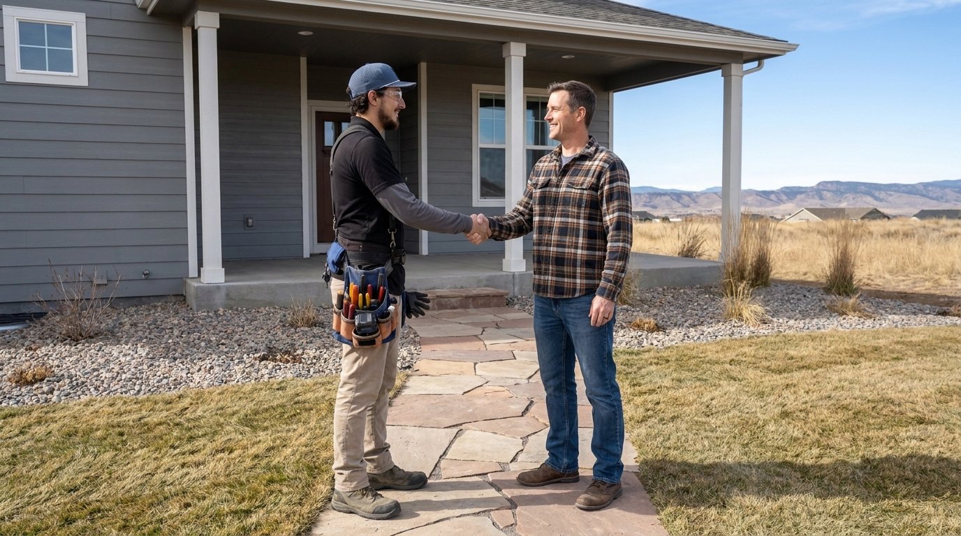 Hi Power electrician shaking hands with a homeowner on the front walk of a Colorado home