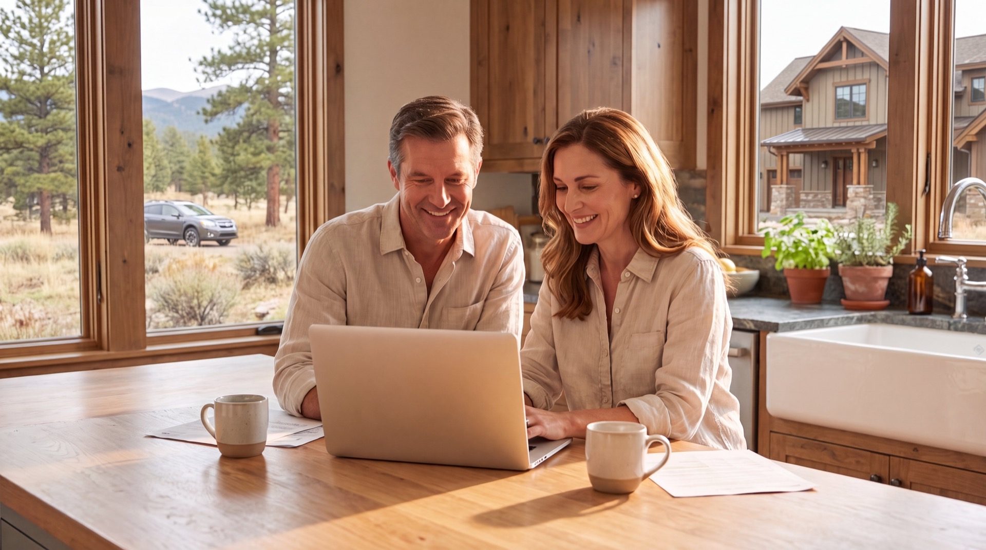 Douglas County homeowner couple reviewing home financing options on a laptop in their kitchen