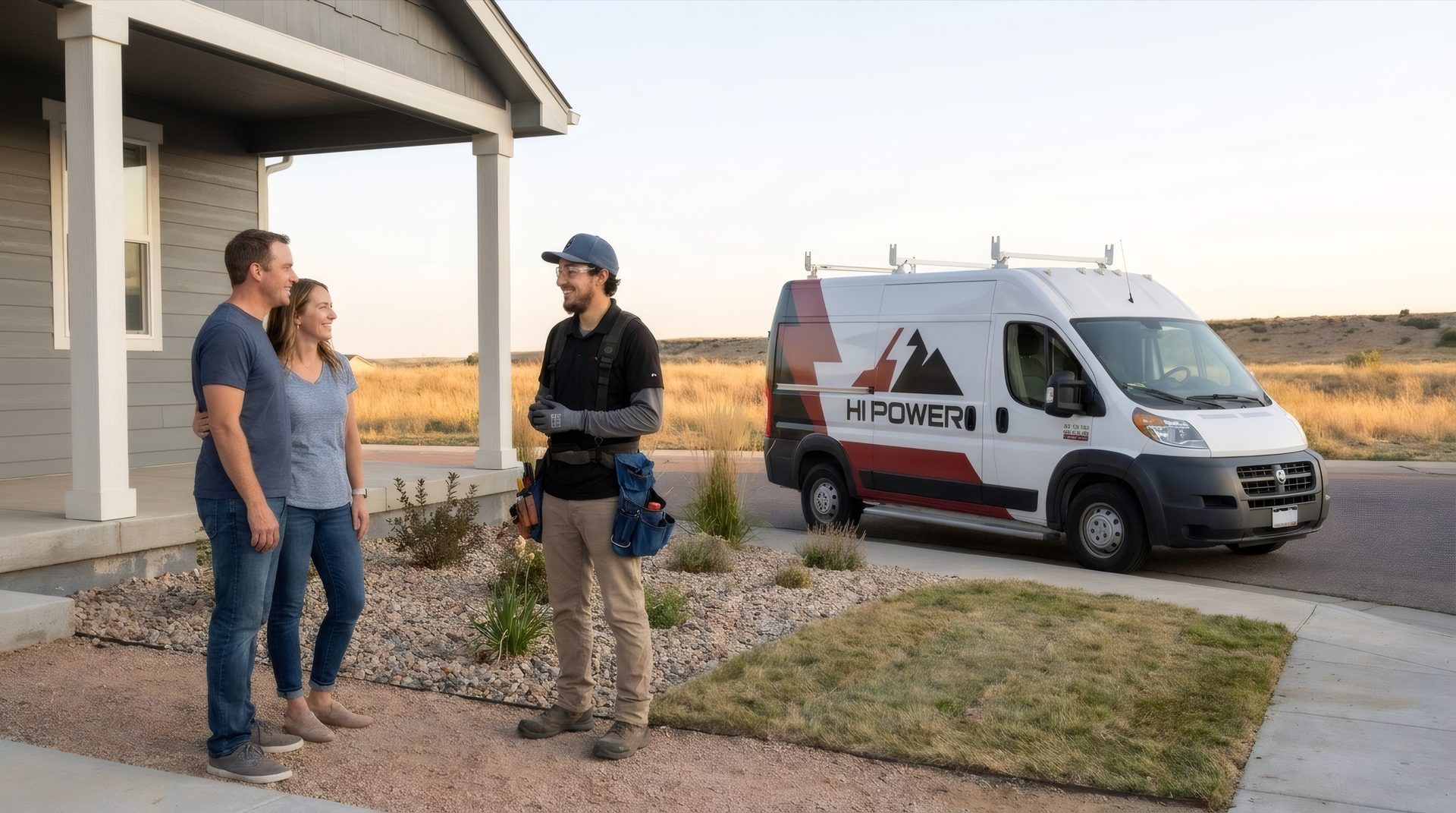 Hi Power electrician talking with a Douglas County homeowner couple outside their home, company van parked at the curb