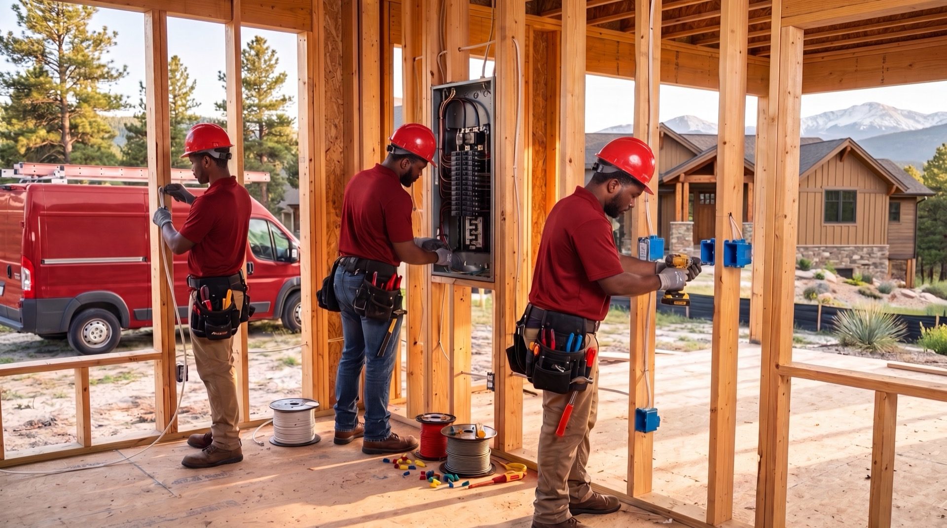 A Hi Power electrical crew wiring a new-construction home in the Colorado foothills