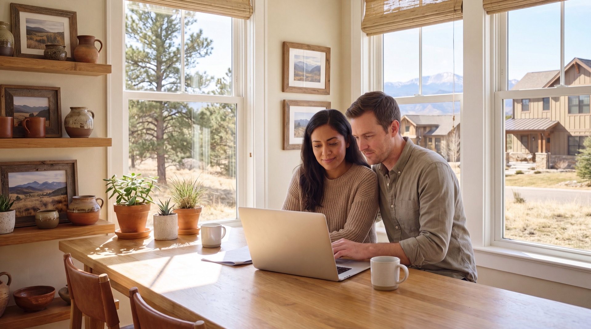 A Colorado couple reviewing financing options on a laptop at their dining table with a Front Range view