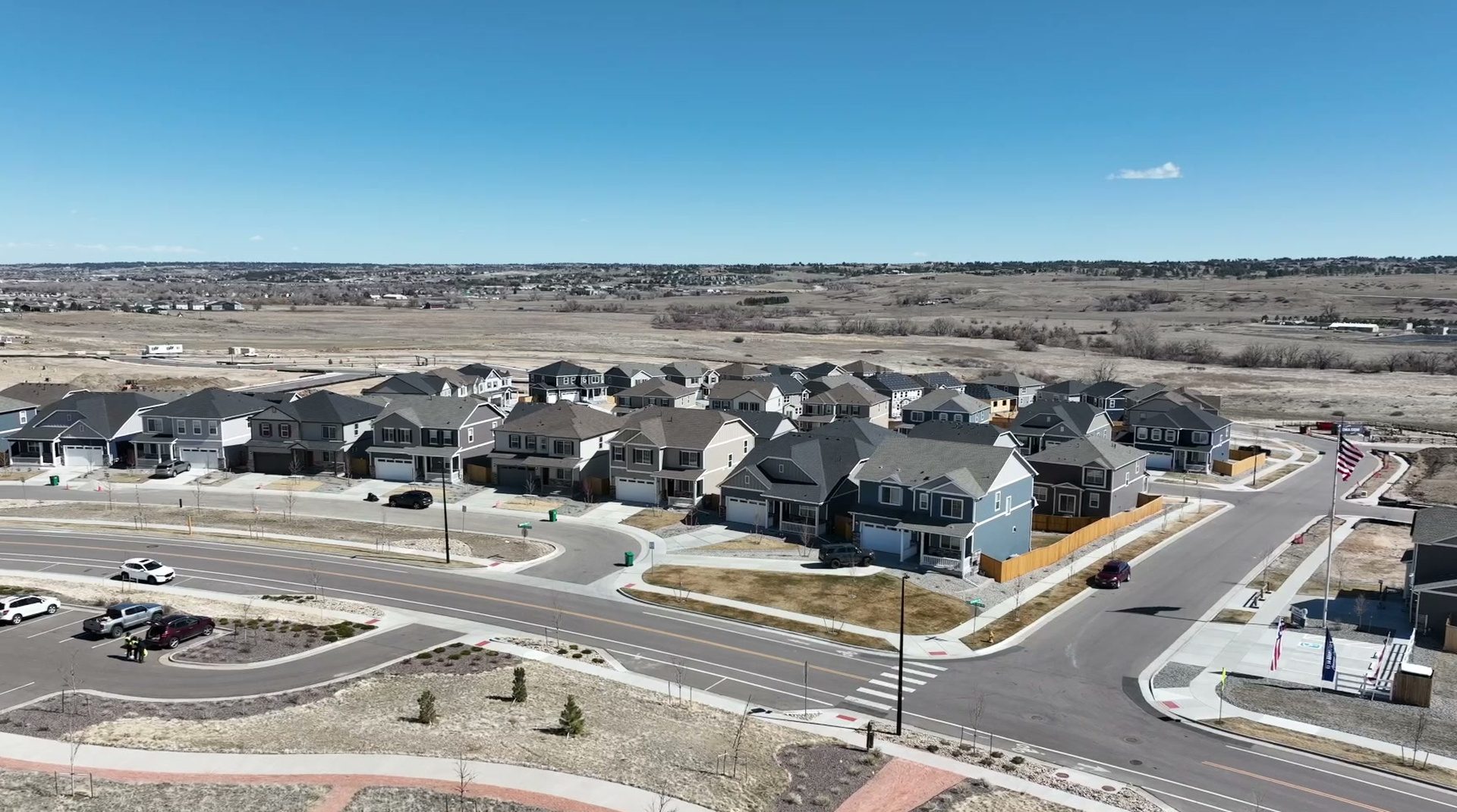 Aerial view of a Douglas County, Colorado residential neighborhood with the open Front Range plains beyond
