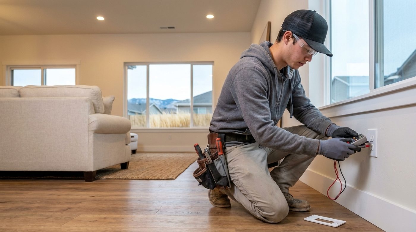 A Hi Power electrician testing an outlet with a multimeter in a finished living room