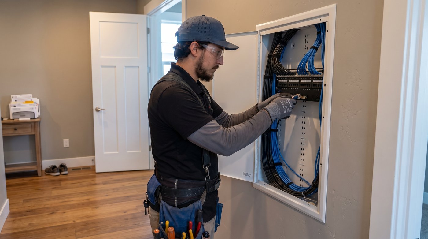 Hi Power electrician terminating Cat6 cabling in a structured wiring panel inside a Colorado home