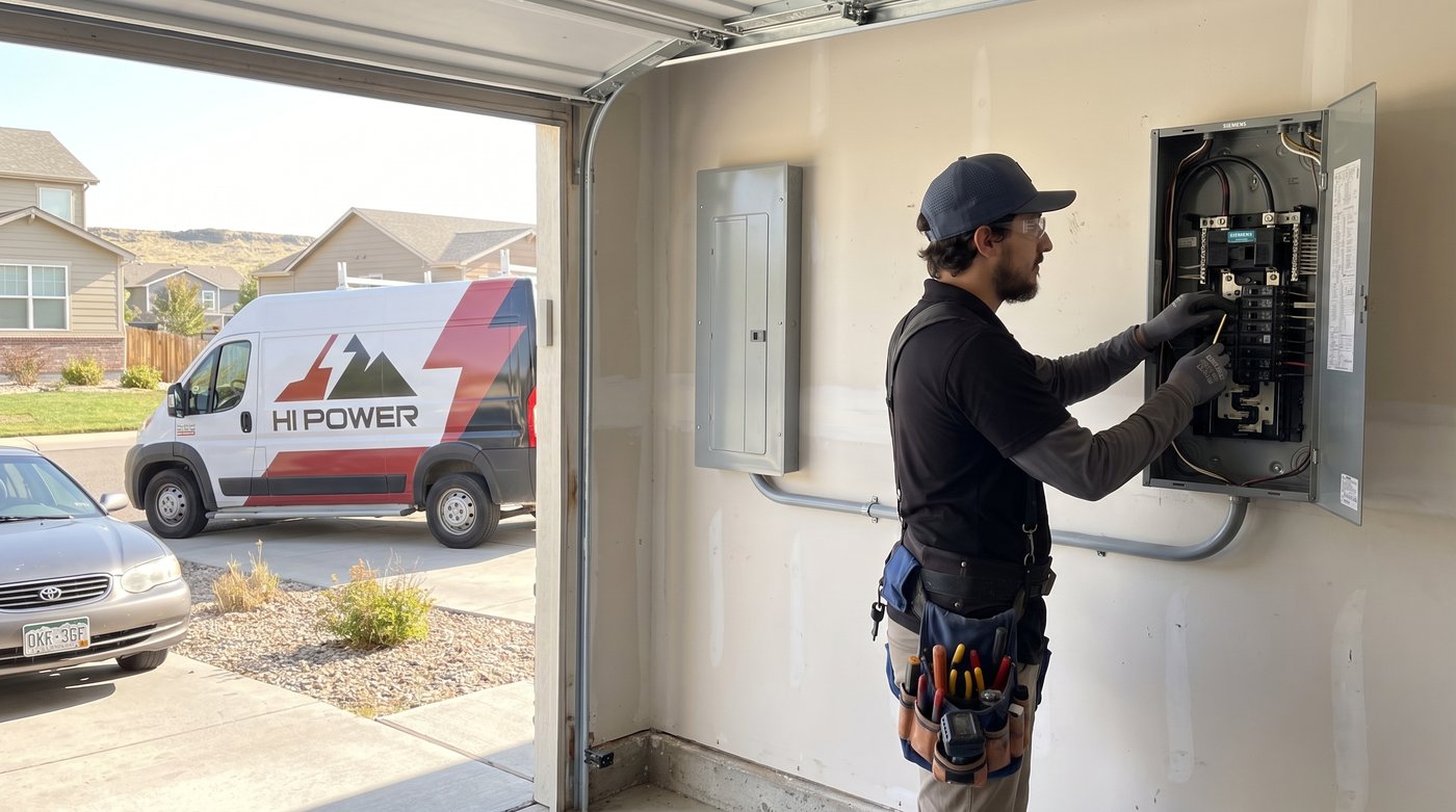 Hi Power electrician installing a garage sub-panel at a Douglas County home