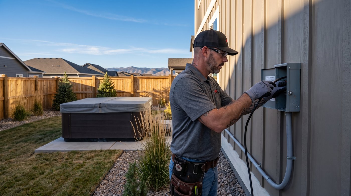 Hi Power electrician wiring a hot tub disconnect outside a Colorado home