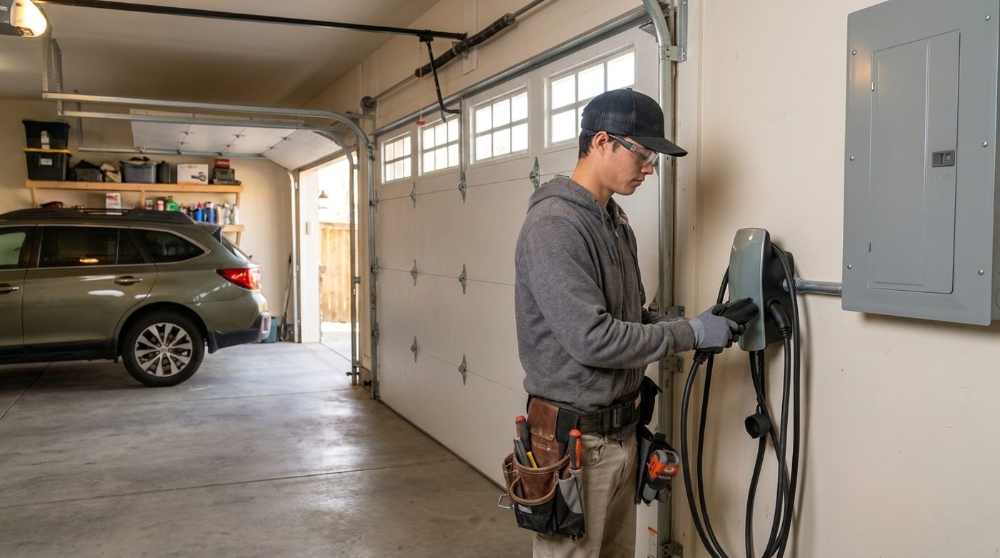 Hi Power electrician installing a home EV charging station in a garage