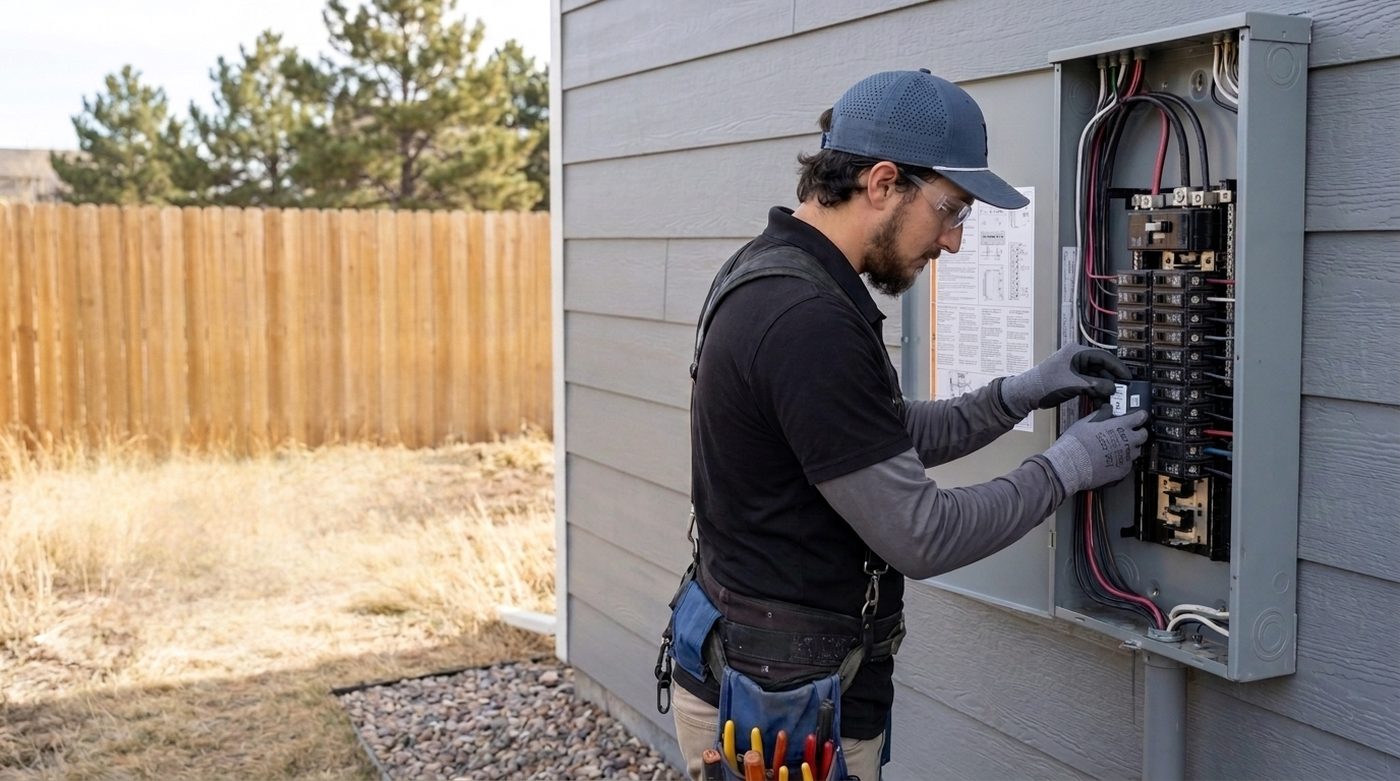 Hi Power electrician installing a whole-home surge protector at the breaker panel