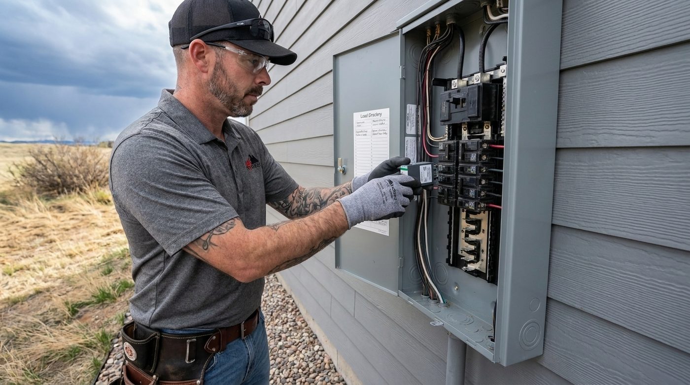 A Hi Power electrician working inside an open exterior electrical panel at a Douglas County home