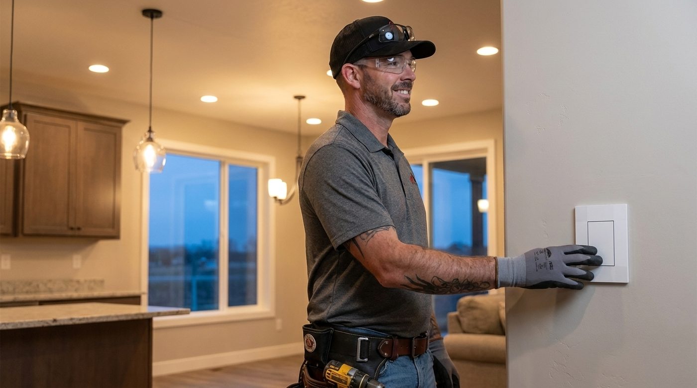 Hi Power electrician testing a Deako smart switch on the wall of a finished Colorado home