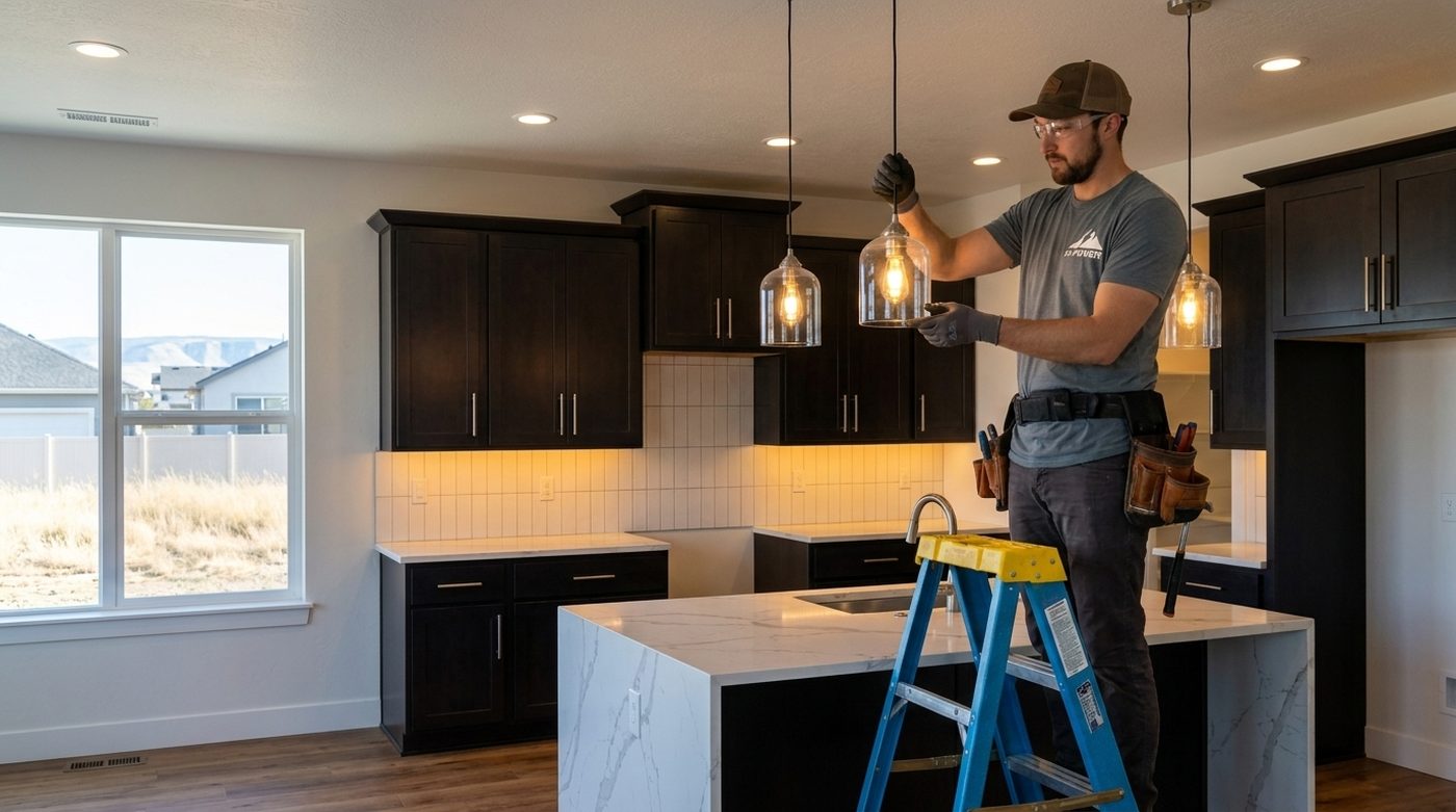 Hi Power electrician installing a pendant light over a kitchen island