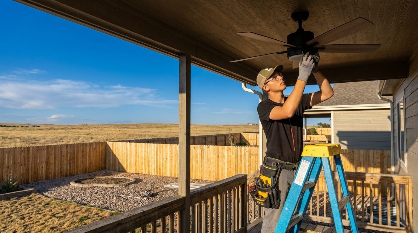 Hi Power electrician installing a ceiling fan on a Colorado porch