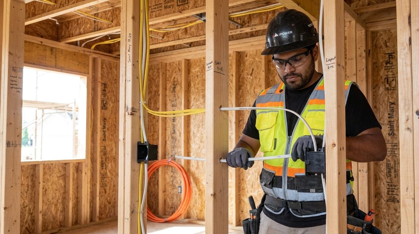 Hi Power electrician running new wiring at a Colorado new-construction rough-in