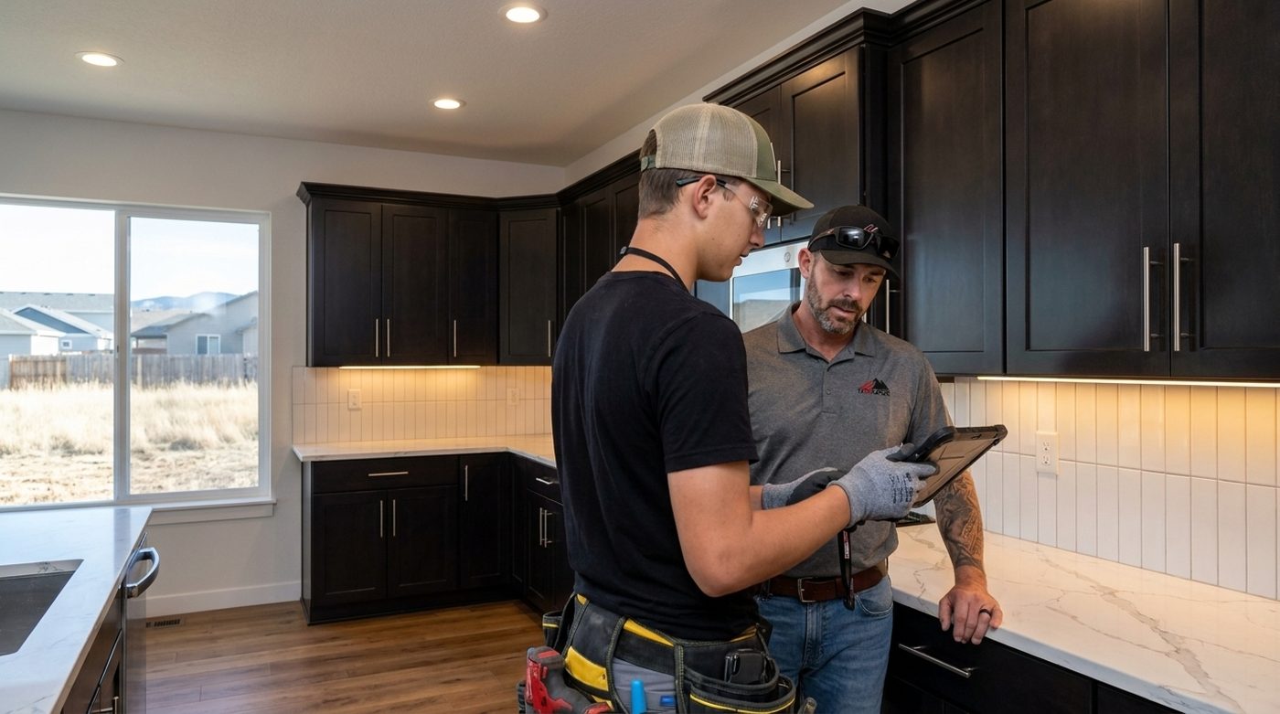 Two Hi Power electricians reviewing a kitchen electrical plan on a jobsite tablet