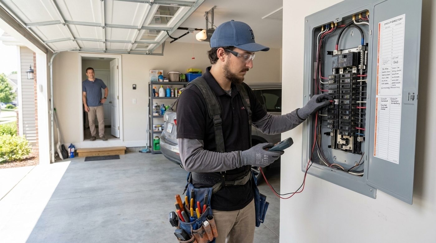 Hi Power electrician troubleshooting an open breaker panel in a homeowner's garage
