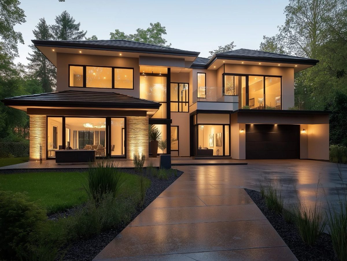A warmly lit modern Douglas County home at dusk