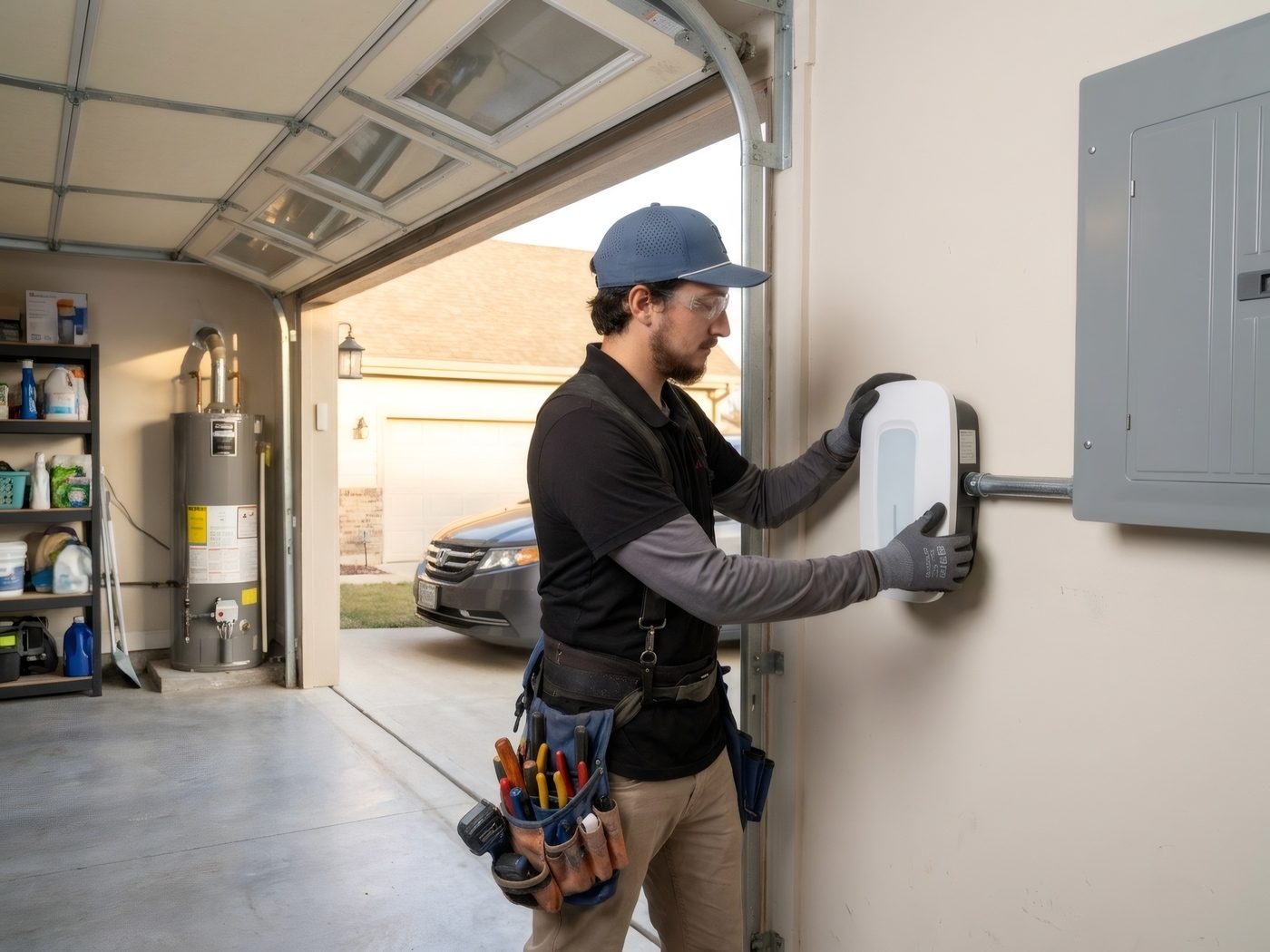 Hi Power electrician mounting a Level 2 EV charger in a Douglas County garage