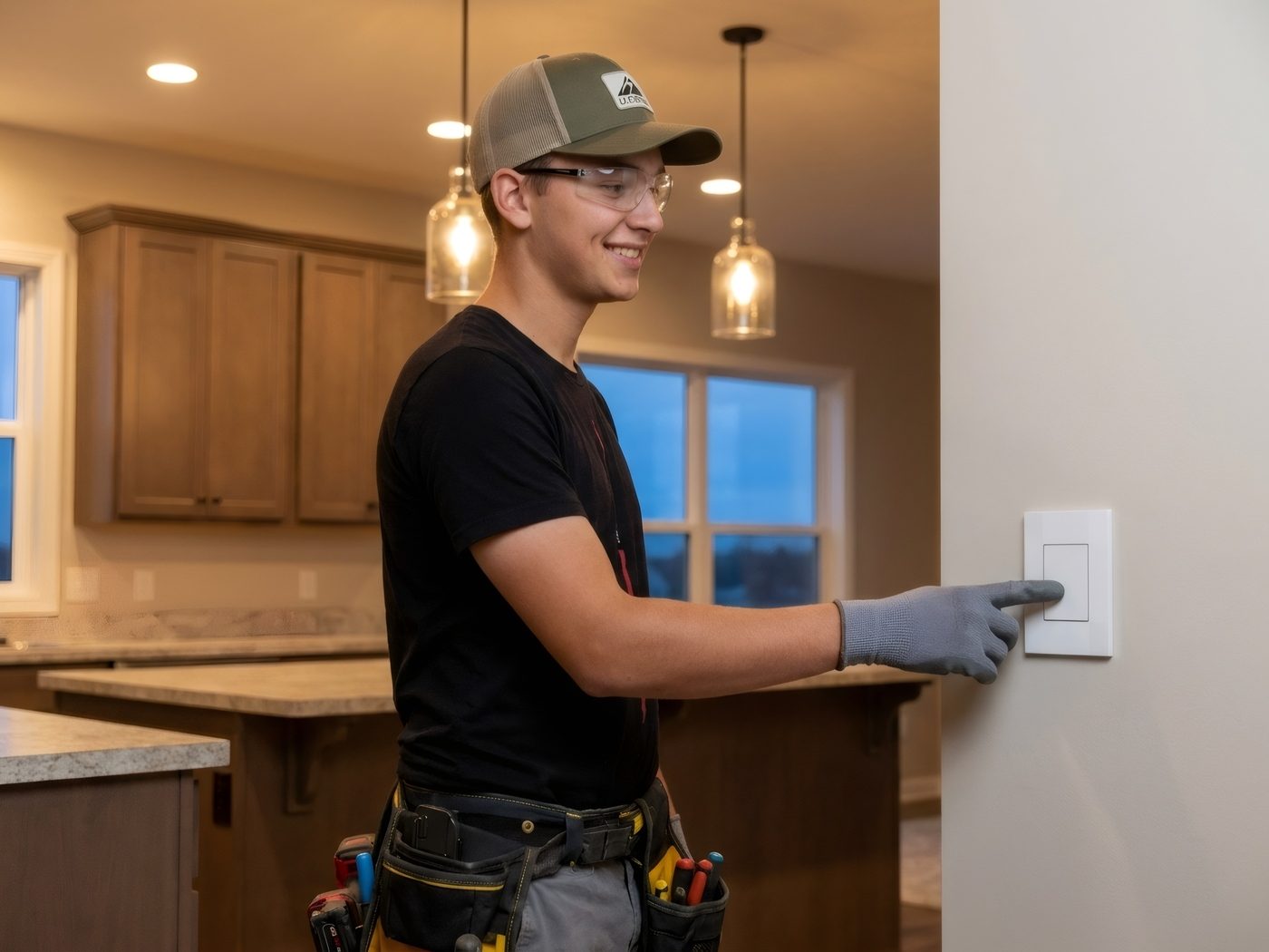 Hi Power electrician testing a smart light switch in a Colorado kitchen with warm pendant lighting