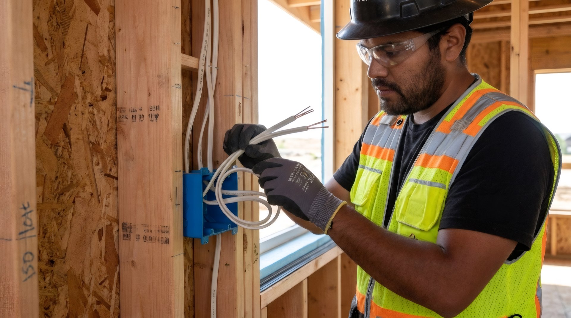 Hi Power electrician wiring a device box on a wall stud during a new-home rough-in