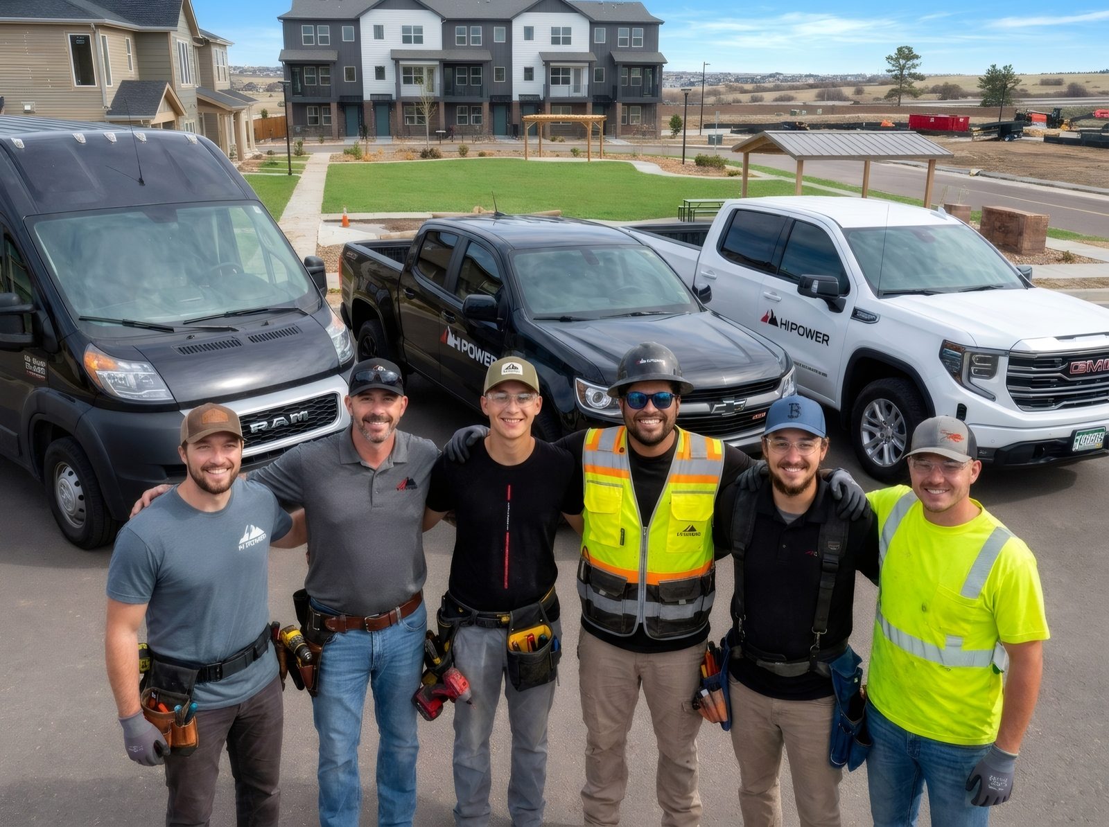 The Hi Power Electric crew with their service vehicles in a Douglas County, Colorado neighborhood