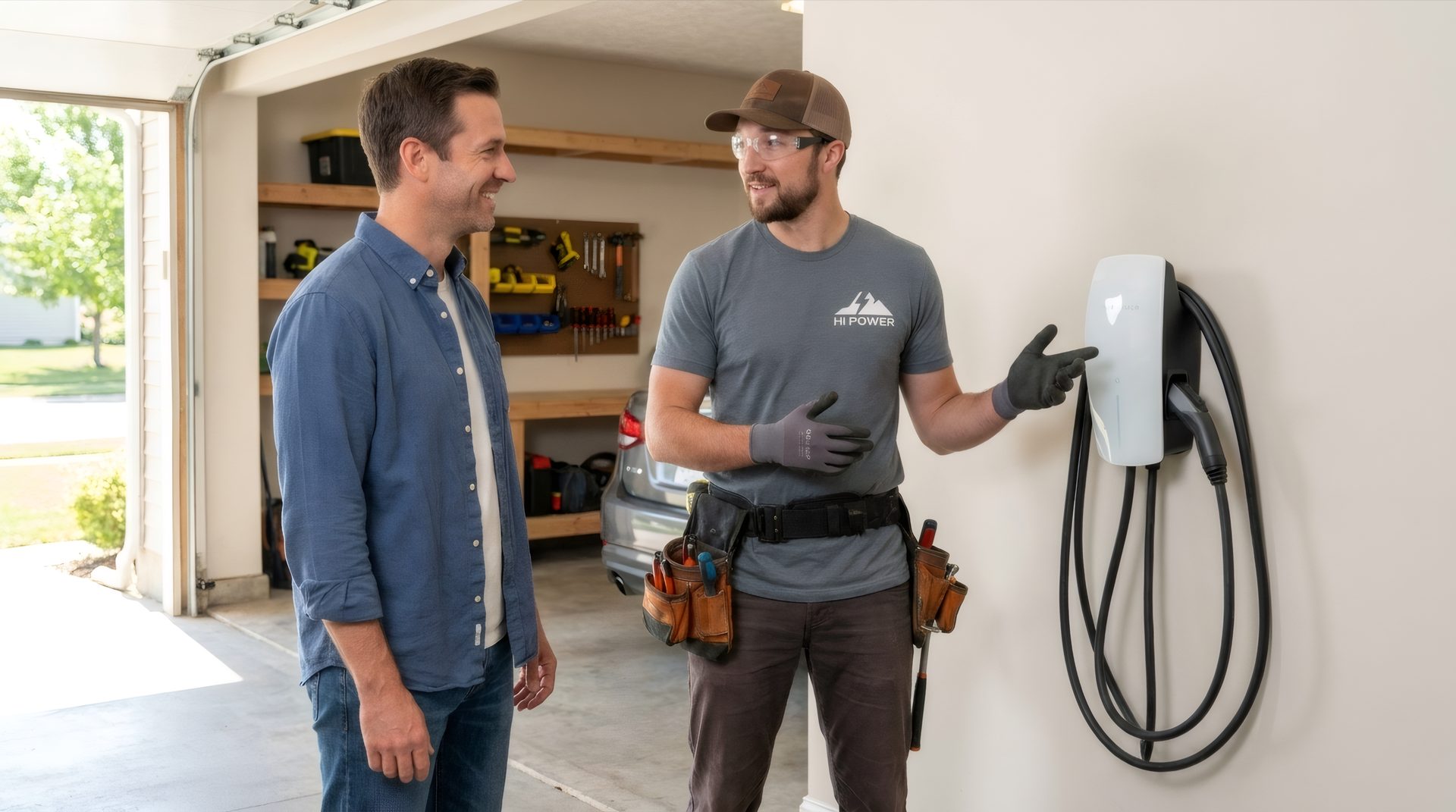 Hi Power electrician showing a homeowner a newly installed EV charger in their garage